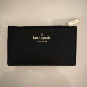 Kate Spade Black Leather Zip Card Holder with Gold Logo
